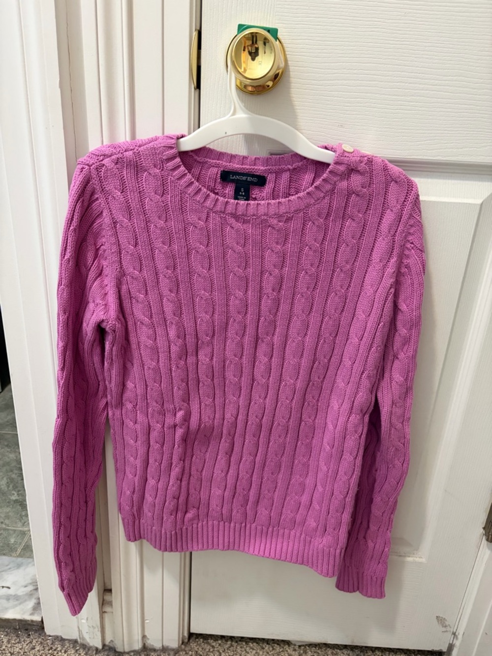 Lands' End Size Small 6-8 Pink Cable-Knit Crewneck Sweater